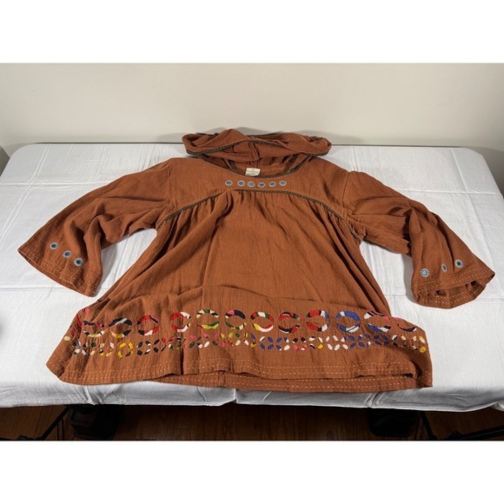 Sacred Threads Brown Cotton Boho Embroidered Mirror Hooded Tunic Top XL India